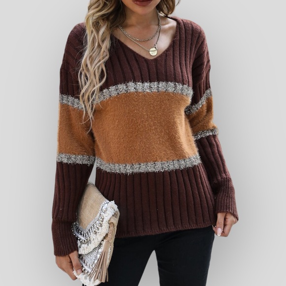 Brown, Orange & Tinsel Colorblock V-Neck Long Sleeve Knit Sweater - Picture 11 of 14